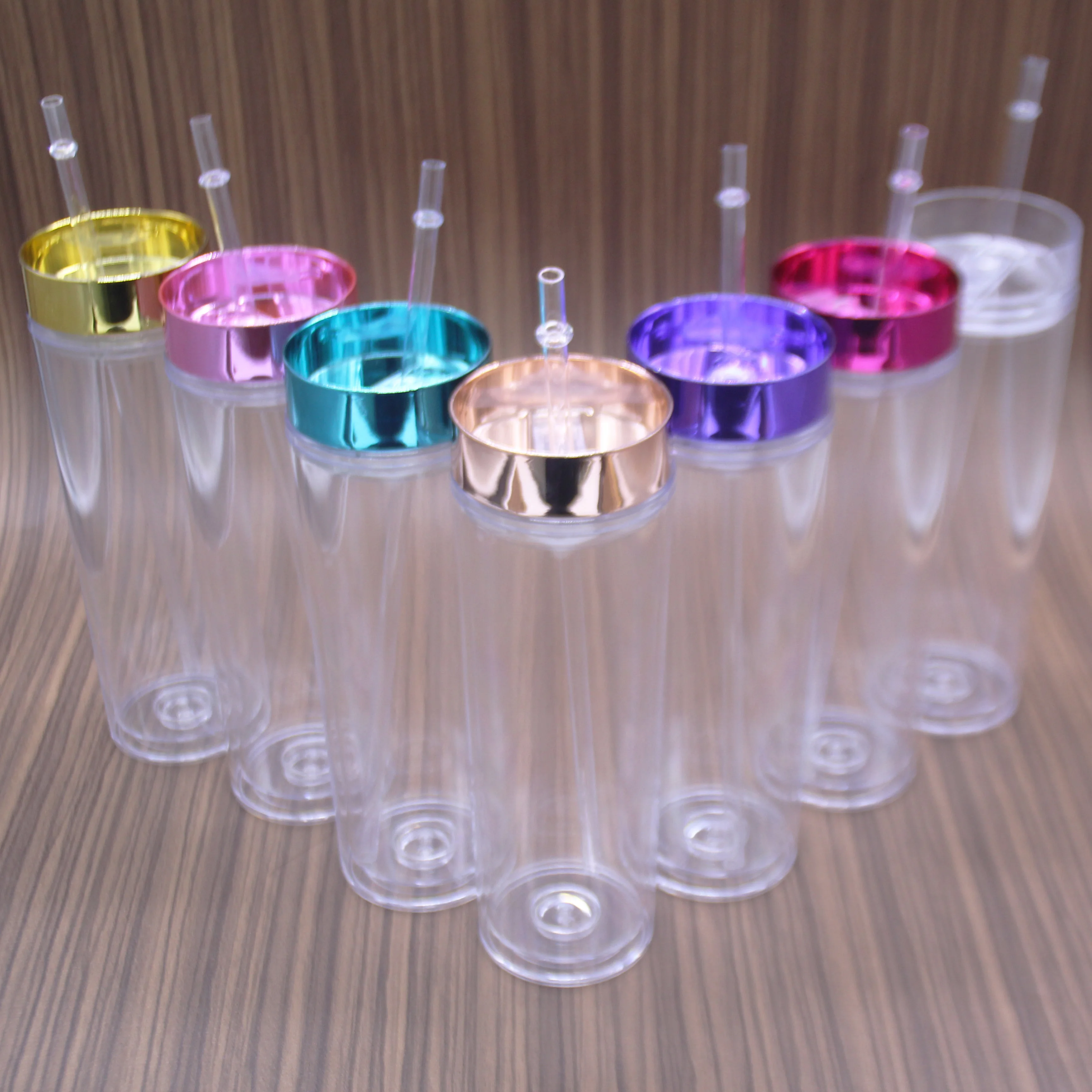 Акриловый прозрачный пластиковый тонкий стакан с логотипом на заказ, 16 унций, с золотой крышкой и соломинкой, стакан с двойными стенками, многоразовая чашка