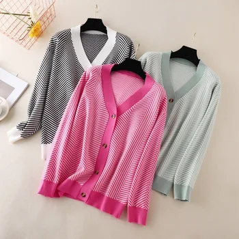Spring and Autumn New Korean Single breasted Cardigan Long sleeved Top Women's V-neck Contrast Loose Striped Sweater Coat