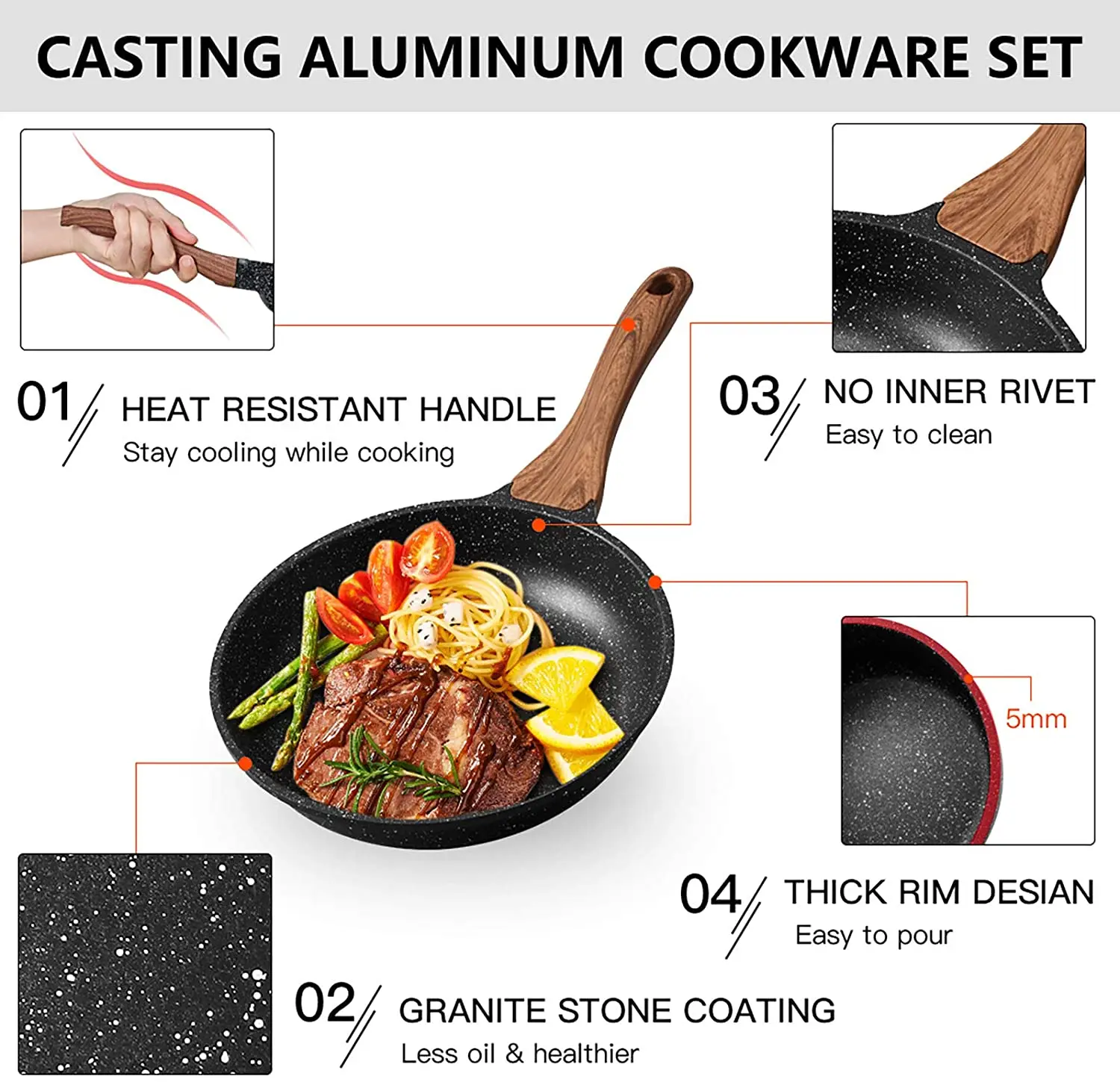 Wholesale Ready to ship ESLITE LIFE Induction Compatible 8 pcs  Chemical-free Coating Nonstick Granite Cookware Set From m.