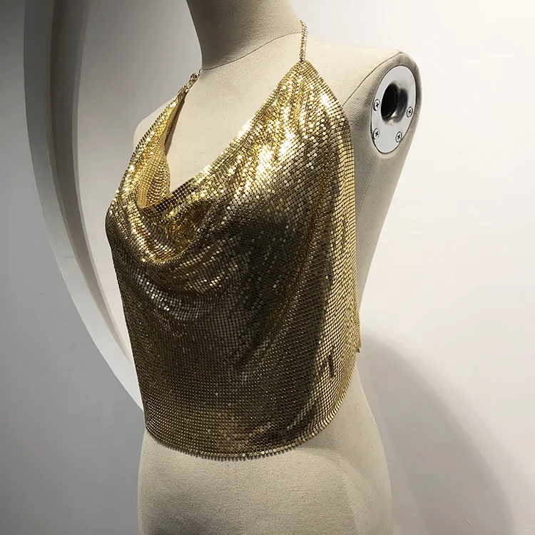 GC006 Golden Women Backless Chain Cowl Neck Sequined Bodycon Chainmail  Metal Top for Party Mini Dress