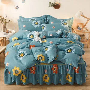 4PCS  Printed Lace Decorative Fitted Bed Skirt Set Bed Skirt Set Beauty Full Queen King Size Sheet Set