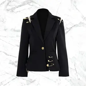 New Arrival Niche Design Mesh Spliced Brooch Embellished Long Sleeve Slim-Fit Women's Blazer