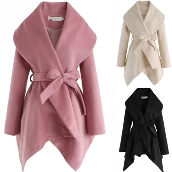 678503 Autumn Winter Fashion Wide Shawl Collar Long Sleeves Thick Solid Belted Coat For Women