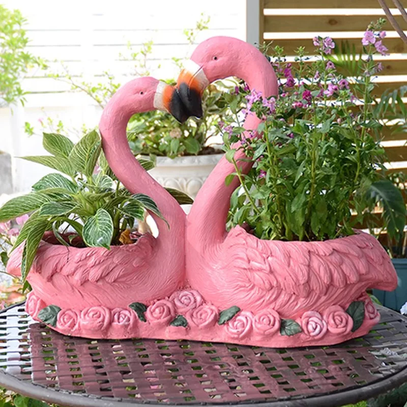 Modern Flamingo & Flower Pot Ornament Creative Resin Material Garden Decor  for Outdoor, Window Sill, Courtyard &Patio Decoration