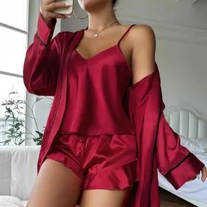 Popular Ice Silk Pajamas Women's Halter Shorts Nightgown Three-piece Sleepwear Summer Comfort Outside Home Wear