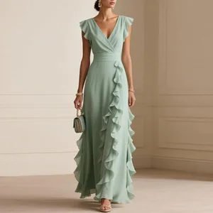 Solid V-neck Long Dress Ruffles Elegant Chiffon Women Casual Dresses Bulk Clothing