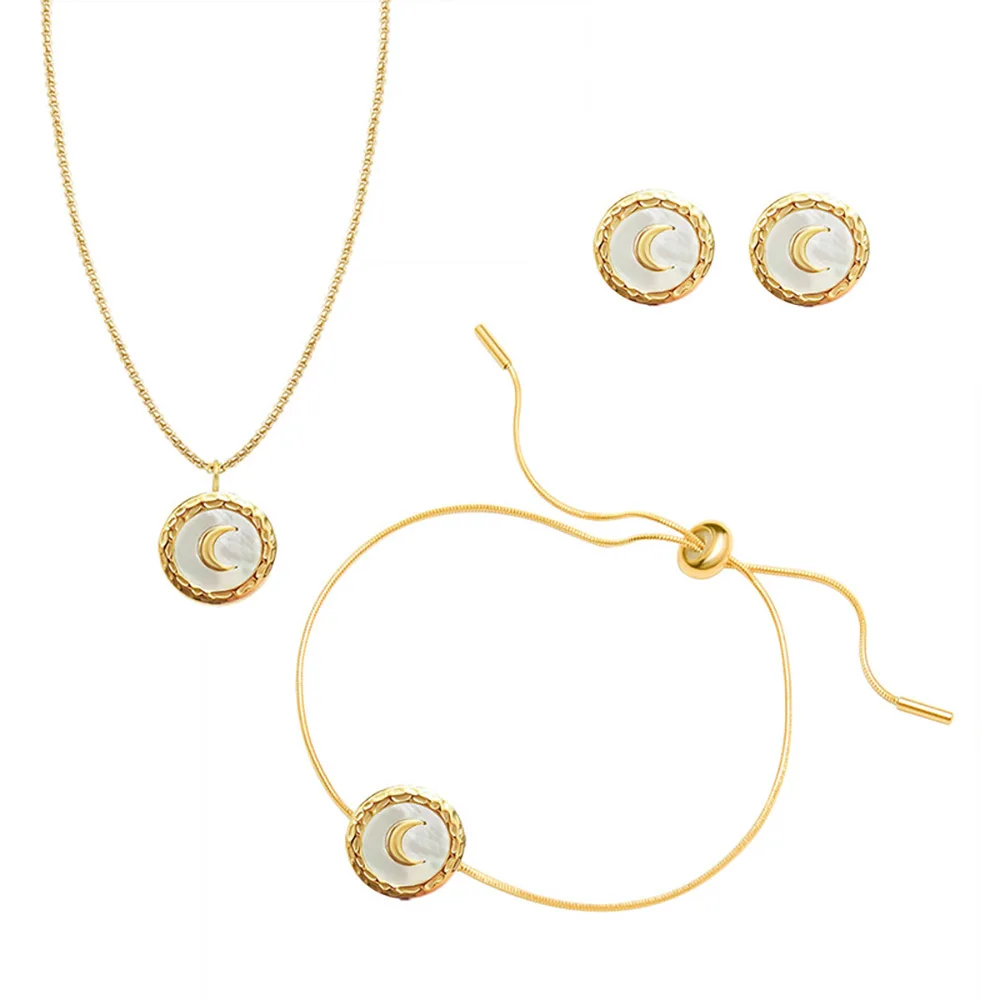New Models Coin Moon Design With White Shell Stainless Steel Gold Plated  Crescent Moon Pendant Necklace Bracelet and Earrings