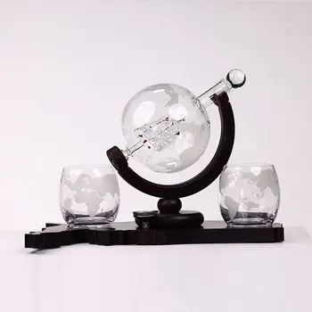 Luxury Globe Whiskey Decanter Set with Ship Inside, Etched Map Glasses & USA Map Base Gift for Men, Home Bar Decor