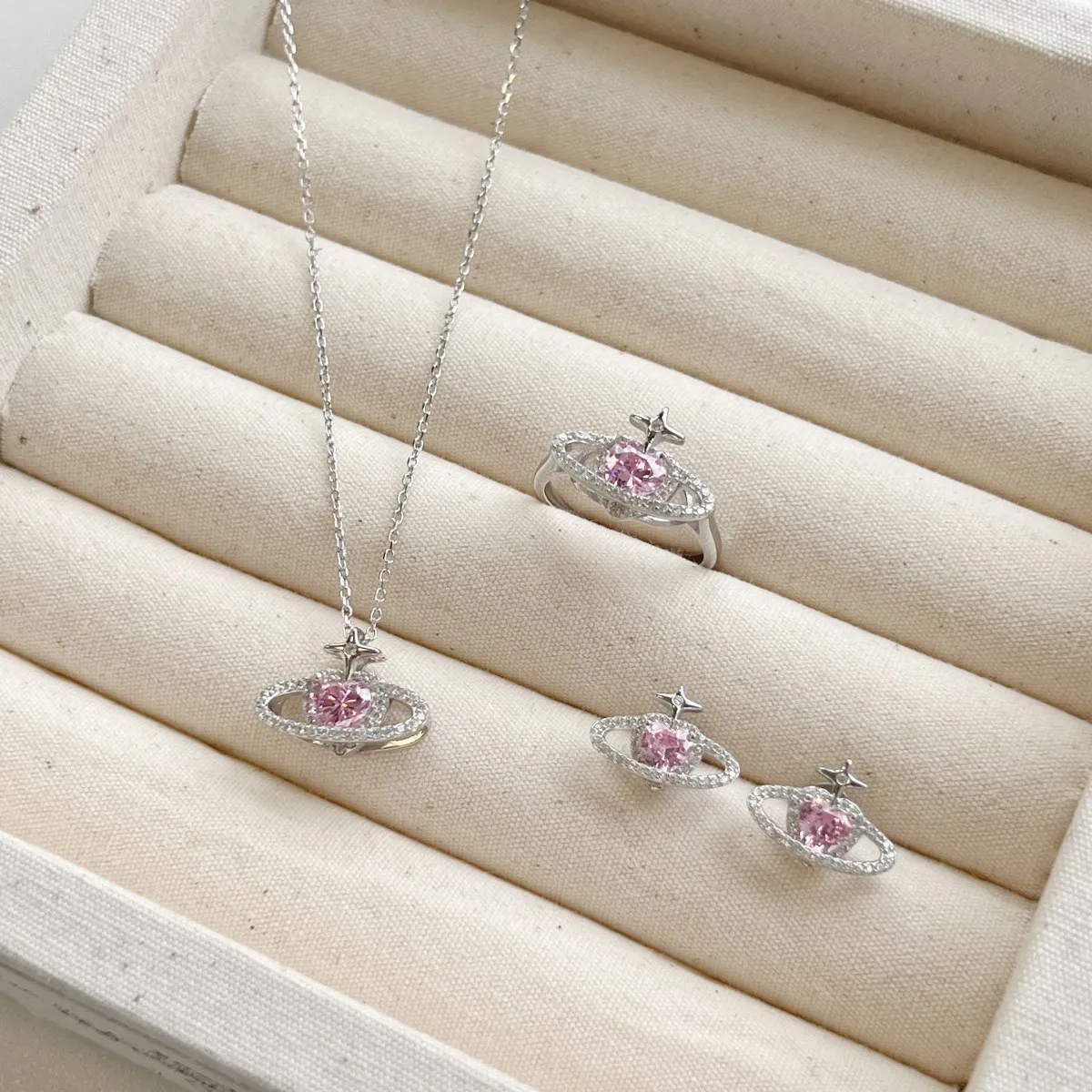KAKODIY Shiny Fashion Purple Czirconium Cubic Zirconia Planet Ring 925 Sterling Silver Pink Heart Shape Ring Women's Jewelry Set detail 5