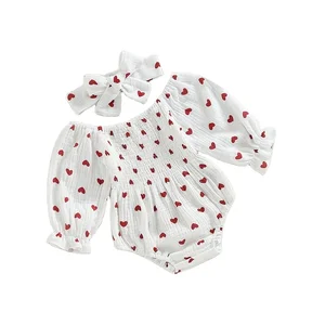 2023 Fashion Baby Girls Cute Romper 2pcs Heart Printed Ruffles Long Sleeve Jumpsuits With Hairband Infant Bodysuit