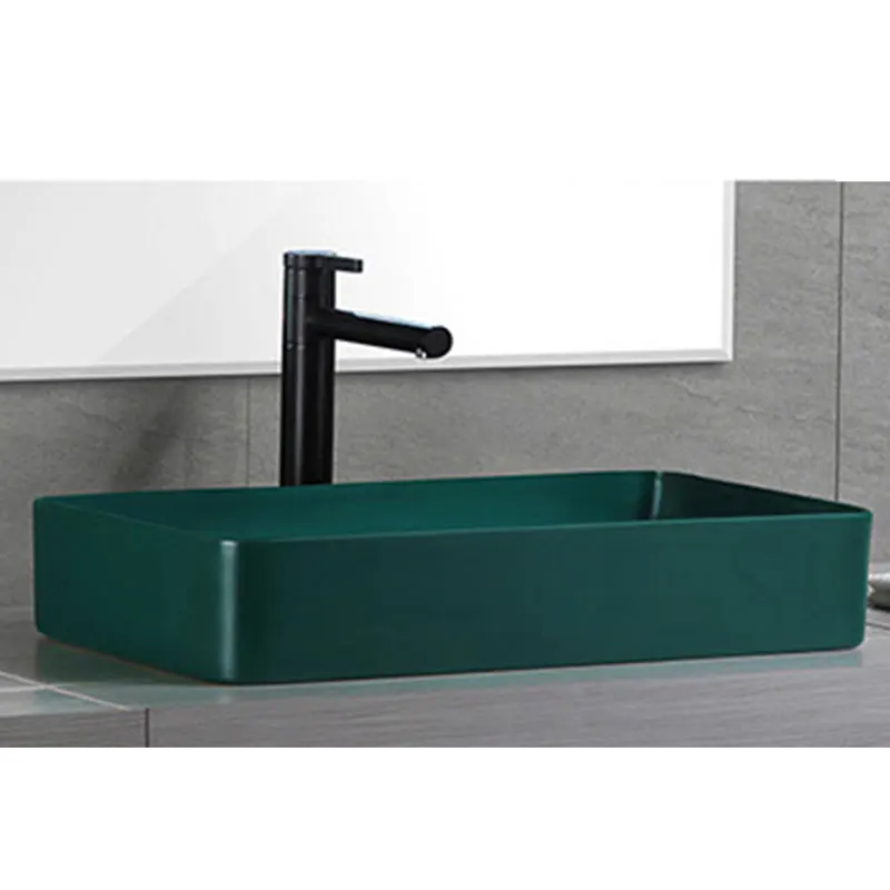 Rectangular Countertop Sink Matt Army Green Color Ceramic Vessel Thin Hand Wash Art Basin