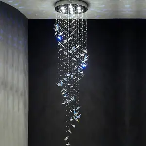 JACKSUN Long K9 Crystal butterfly Decorated Pendant Light Ceiling Led Chandelier Lamp Nordic Circle Spiral Staircase Pendant