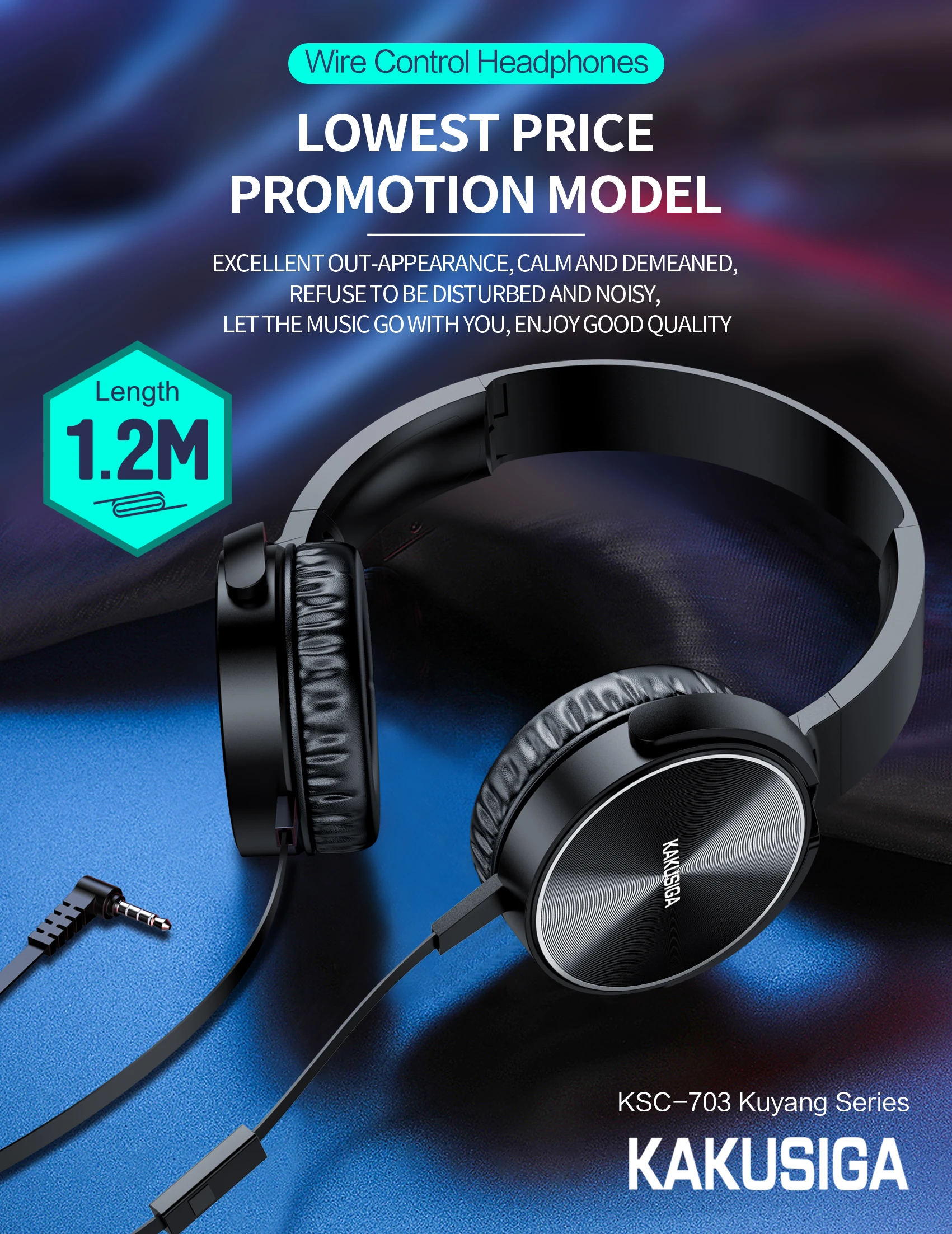 KAKUSIGA Wire Control Headphone High Quality 40MM Subwoof Headset Noise Cancelling Stereo Audio Earphone