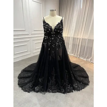 Wholesale High Quality Black Party Gown Beaded Floral Lace Appliques Plus Evening Dress
