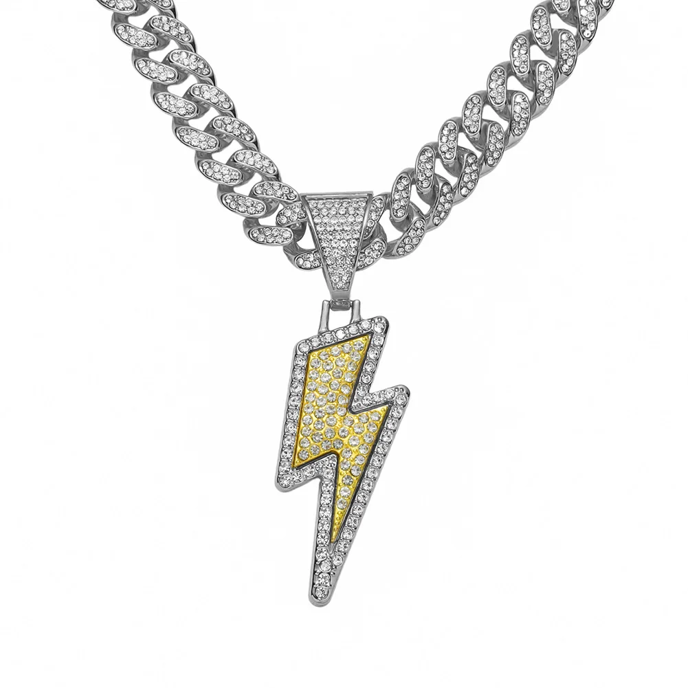 Colar cheio de diamante de liga de metal, colar masculino com pingente iluminação de hip hop