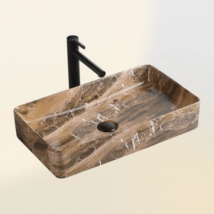 Hot Sale Matte Brown Porcelain Bathroom Counter Top Sink Marble Pattern Rectangular Wash Basin