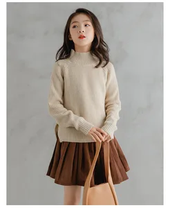 Autumn Winter Girls Pullover SweatersStyle High Collar Warm Knitted Anti-PillingFull Sleeve Pleated Skirt