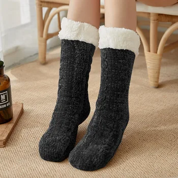 Indoor Home Winter Knit Women Anti Slip Thick Sherpa Fleece Lined Thermal Fuzzy Christmas Snowflake chenille Slipper Socks