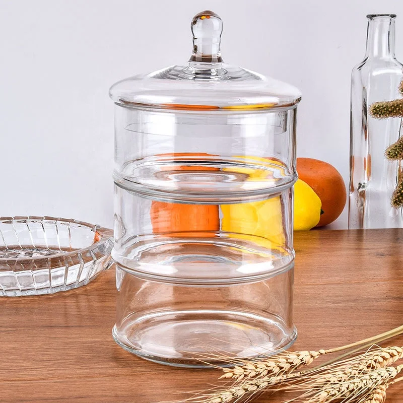 Customize Hand Blown Vintage Large  3 Layer Stackable Kitchen Candy Food Glass Storage Jar