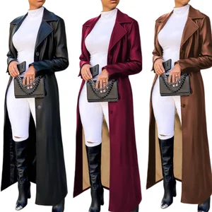 Viviblook Z1213TP Women'S Street Cardigan Lapel Buttons Warm Long Leather Jacket Coats For Ladies
