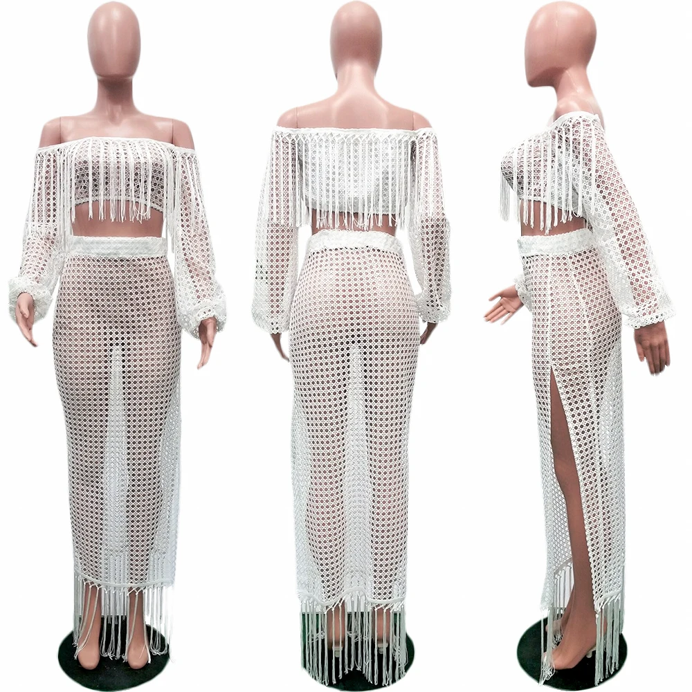 2021 Summer see through Tassel maxi dresses 7 colors  women  two piece set women clothing  S3554