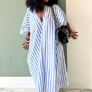 GX7245A Fashion Clothing Boutique Stripped Printed Short Sleeve Loose Long Dress Elegant Backless V-neck Maxi Dresses