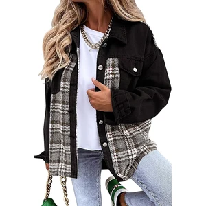 Women's Denim Jacket Long Sleeve Plaid Patchwork Button Down Waterproof Eco-Friendly Breathable Color-block Shacket