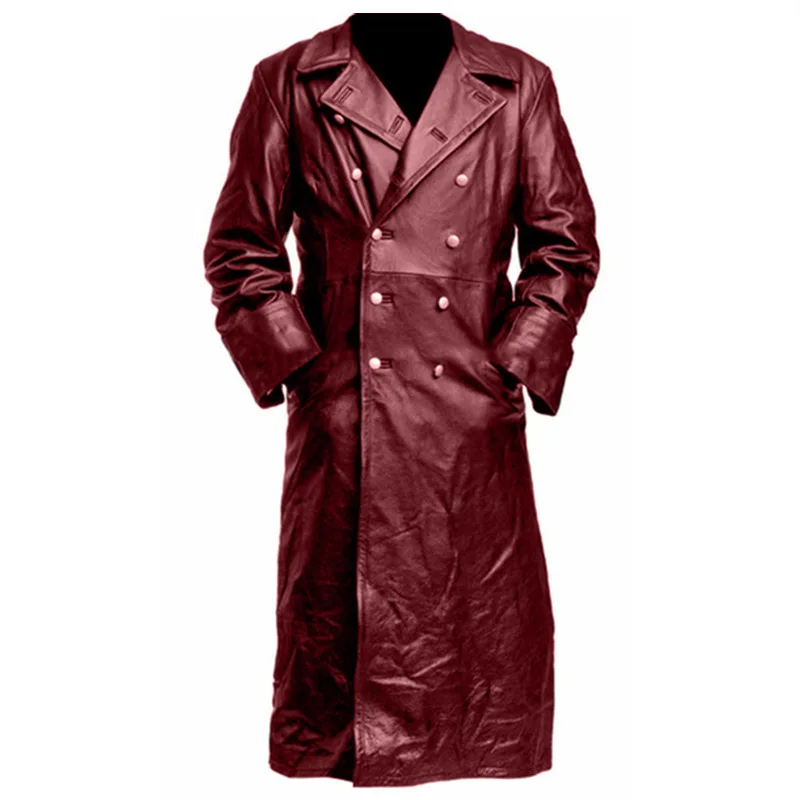Men's WWII German Classic Officer Trench Coat Black Leather TV & Movie Costume