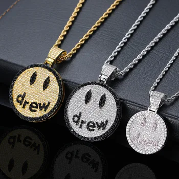 PASIRLEY Luxury Zircon Round Plate Pendant Necklace Hip Hop Thick Twisted Chain Iced Out Diamond Drew Smiley Face Men Necklace