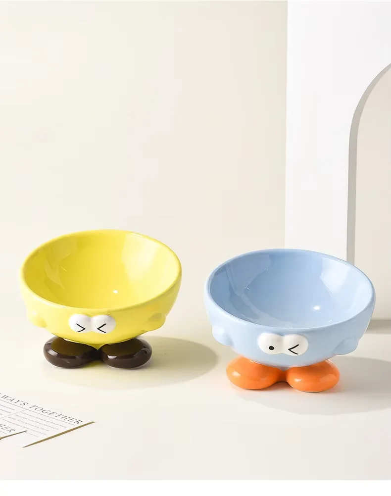 Creative Cute Expression Eco-Friendly Tall Ceramic Pet Bowl Comfortable Rounded Cat/Dog Feeding Spine Protection Slant Solid details