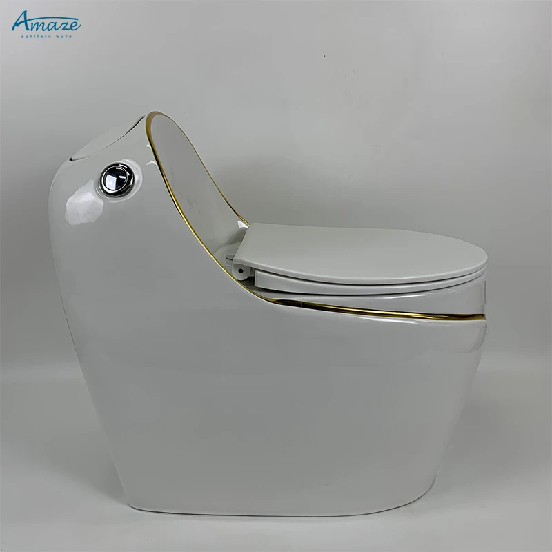 Good quality luxury design floor mounted wc white gold line egg shape water closet bathroom ceramic one piece toilet bowl manufacture