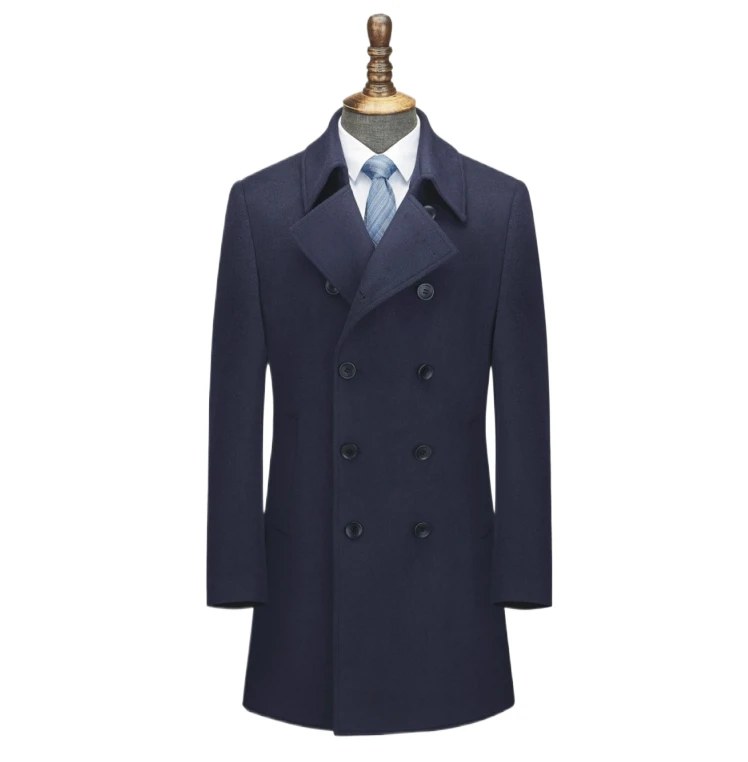 High-end Navy blue double-breasted double-sided warm coat for men