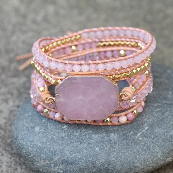 Bohemian Multilayer Gemstone Rose Crystal Natural Stone Beads 5 Strand Handmade Pink Quartz Leather Rope Wrap Bracelets