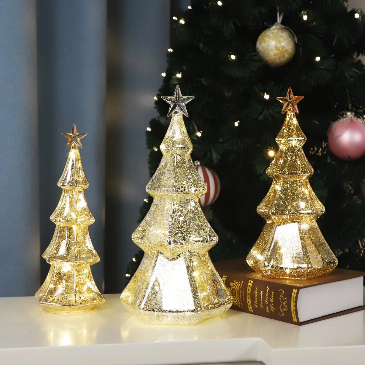 Árbol de Navidad de cristal de mercurio preiluminado - Árbol de Navidad de mesa iluminado - Decoración navideña con luces que funcionan con pilas