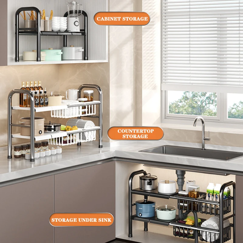 Kitchen Under Sink Organizers Rack 2 Tier Scalable Holder Cookware Pot ...