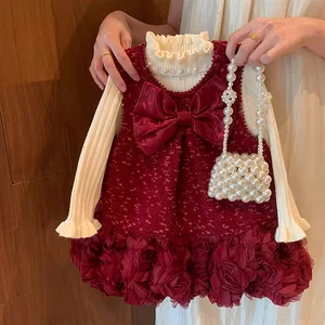 Clothing Manufacturer Winter Girls' 3D Rose Flower Princess Dress 2026 New Style Children's Red Bow Dress Set
