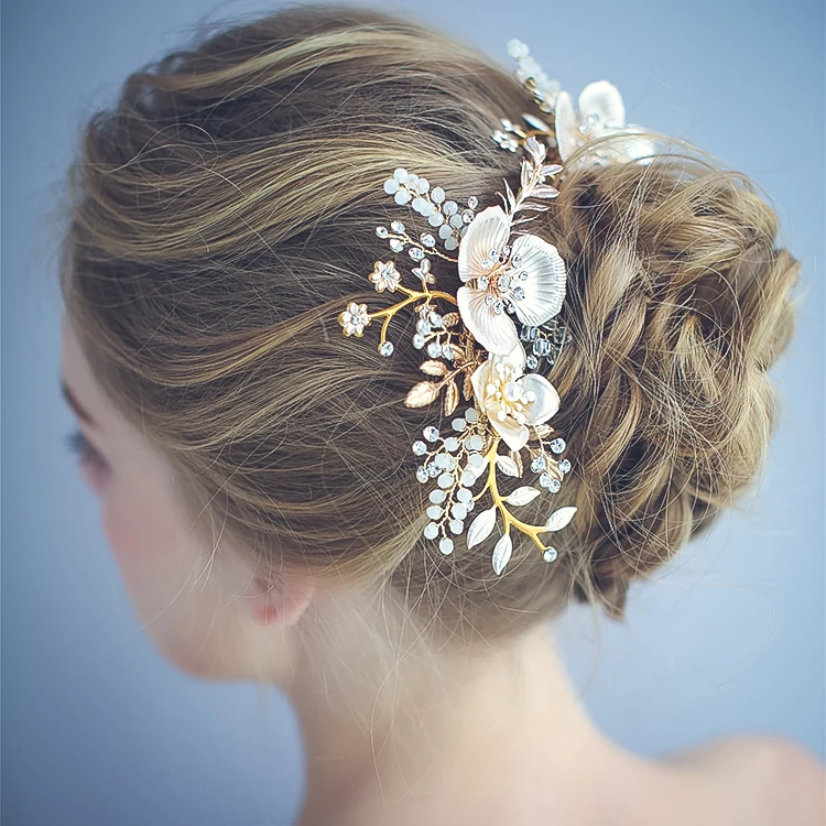 Hot Sale Handmade Metal Leaf Headdress Bridal Accessories Jewelry Wedding Crystal Opal Hair Combs