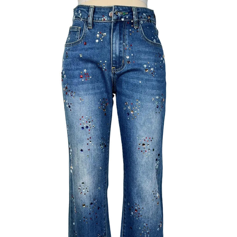 Factory Custom Designed Shining  Beading Jeans Women's High-Waist Flare Legs Long Pants Women's Casual Denim Jeans