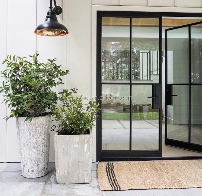 Customized Traditional Modern French Iron Entry Exterior Doors Swing Open Style Hot Rolled Steel Grill Windows Horizontal