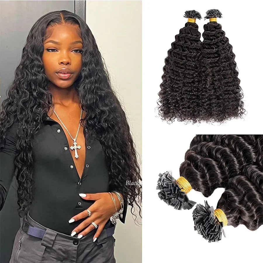 Extension per capelli umani con punta piatta pre-incollata, ricci profondi, capelli brasiliani Remy, fusione di cheratina, punta K, 100 g, 100 pezzi_voghion.com