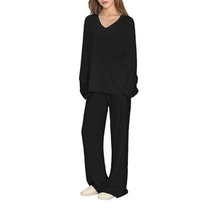 Customized Women's Sleepwear Set Bamboo Viscose Loungewear Custom Pjs Black Soft Lounge Set Ladies Pajamas