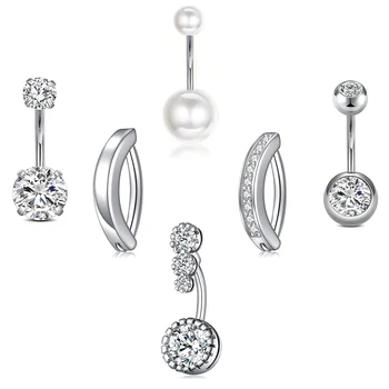 6Pcs/Set Stainless Steel Short Belly Button Ring Sexy Synthetic Pearls Navel Piercing Bar Flower Belly Bar Navel Piercing