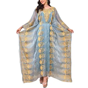 Custom Women Muslim Robes Casual Loose Mesh Floral Dress Round Neck Dubai Middle East Islamic Eid Party Robe with Belt