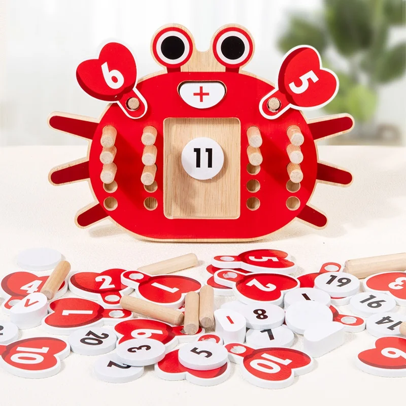 Crab Montessori Math Manipulatives Wooden Learning Number and Counting Games Board Teaching Aids Educational Toys for Kids