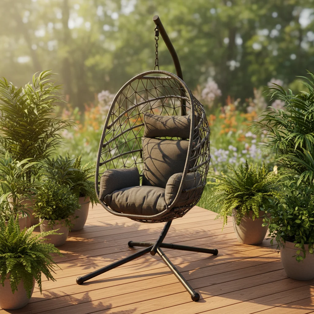 Gray PE Rattan Hanging Egg Chair with Stand, Deep Gray Cushioned Swing Chair Weather-Resistant Wicker Hammock Chair for Patio