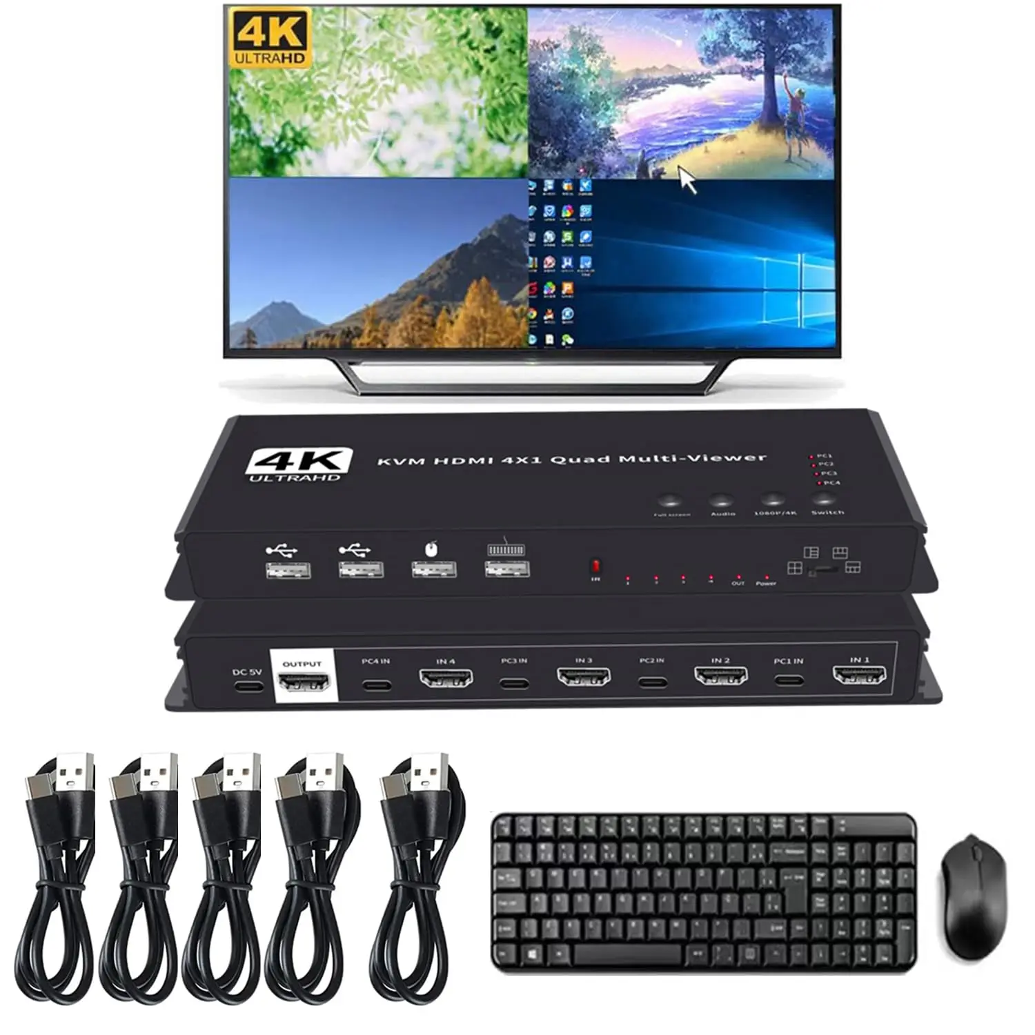 KVM HDMI 4x1マルチビューワースイッチ 4K HDMI KVM 4入力1出力 