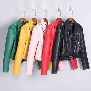 Women's Jackets 2021 Autumn Ladies Faux Leather Jacket Zipper Long Sleeve Moto Biker Female Short Coat Jacket Outwear