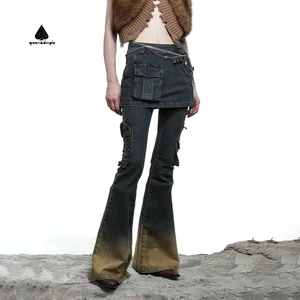 Custom Retro High Waist Patchwork Layered Skirt Jeans Pant Ensemble Jean Pour Femme Women Washed Vintage Women's Jeans Pants