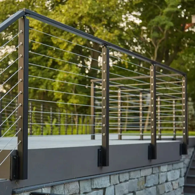 Modern design matte black aluminum post cable railing deck railing with led lights from Foshan factory