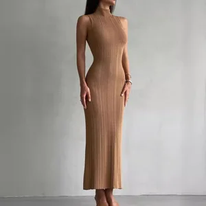 Fashion Autumn 2025 Sleeveless Knitwear Turtleneck Long Dress Female Slim Elegant Ribbed Knit Dress for Women Maxi Dress